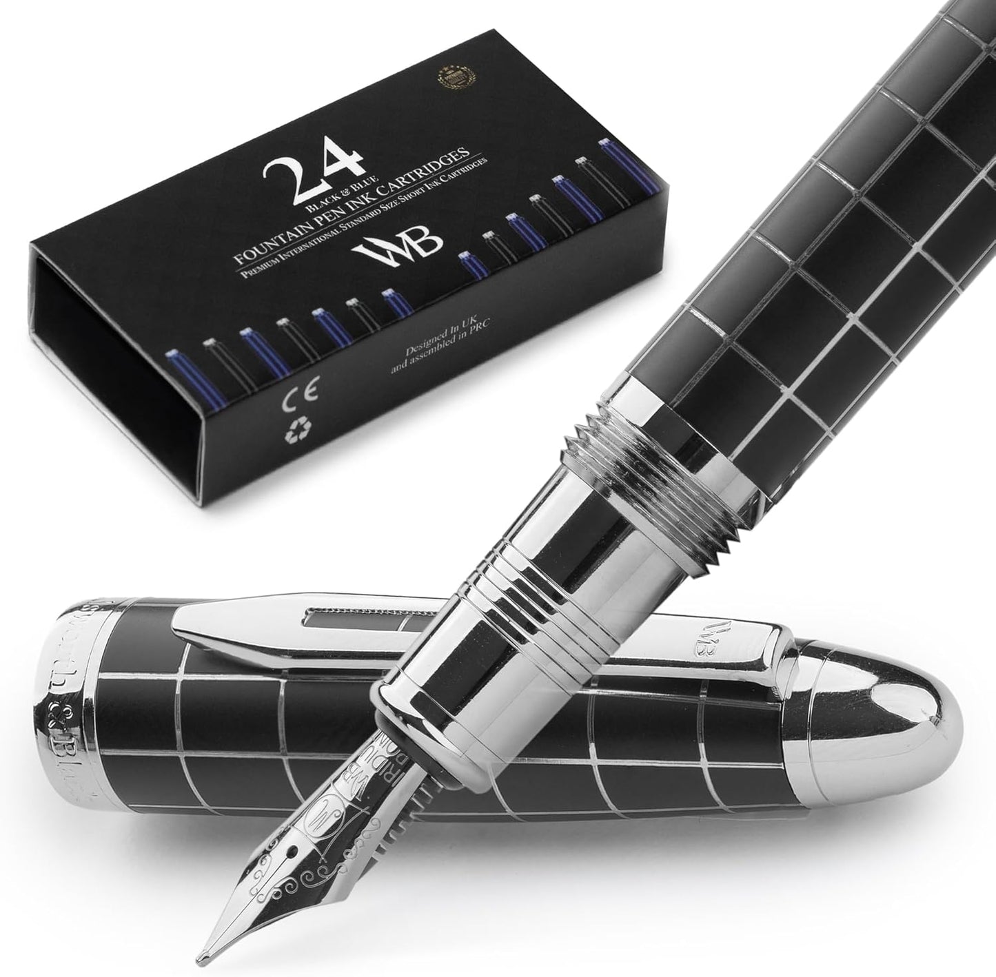 Wordsworth & Black Majesti Fountain Pen - (Checked), Luxury Case, Chrome Finish, Iridium Medium Nib - 24 Ink Cartridges, Refillable Ink Converter-Calligraphy Pen-Best Business Gift Set for Men & Women