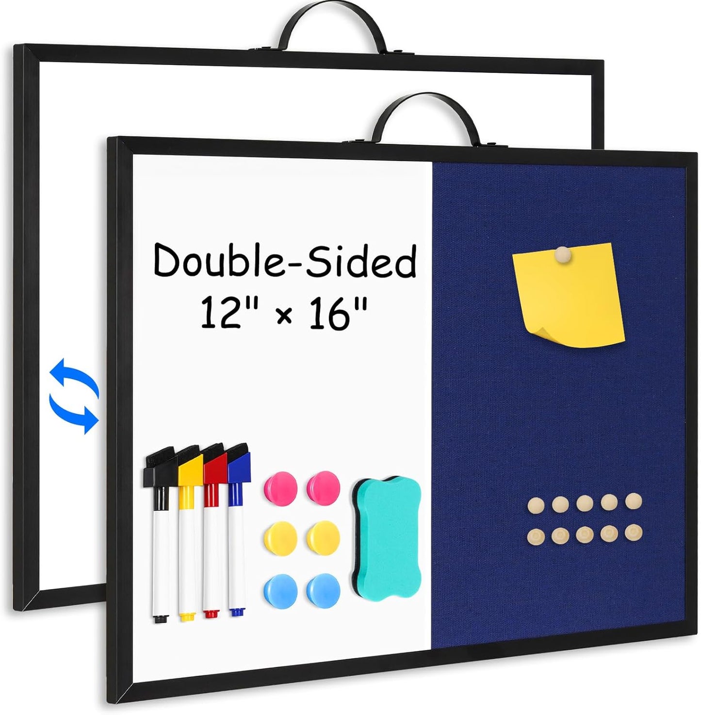 White Board Linen Bulletin Board Combo, 16"x12", Double-Sided Magnetic Dry Erase Cork Board for Walls, Aluminum Frame Small Pin Board with Handles for Home, Office, School, Dark Blue Felt