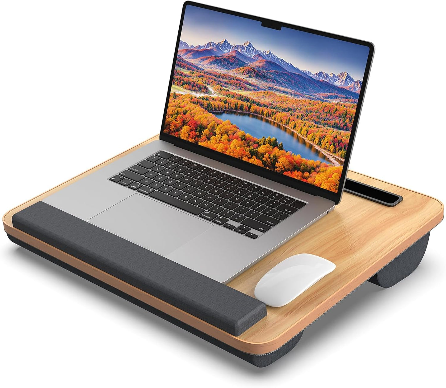 Portable Lap Desk, Laptop Stand for Bed with Soft Wrist Rest, Tablet/Phone Slot, Fabric Handle, Laptop Bed Desk with Cushion (Light Brown)