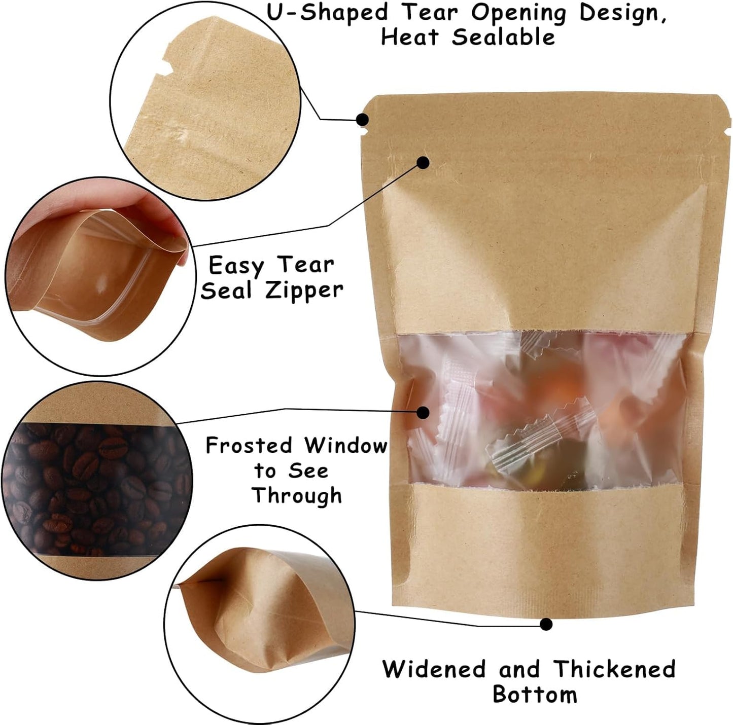 150 Kraft Mylar Bags for Food Storage 6X9 Mylar Bags with Window Candy Packaging Resealable Bags Reclosable Small Stand Up Pouches Edible Packaging, Kraft Paper Bags for Small Business