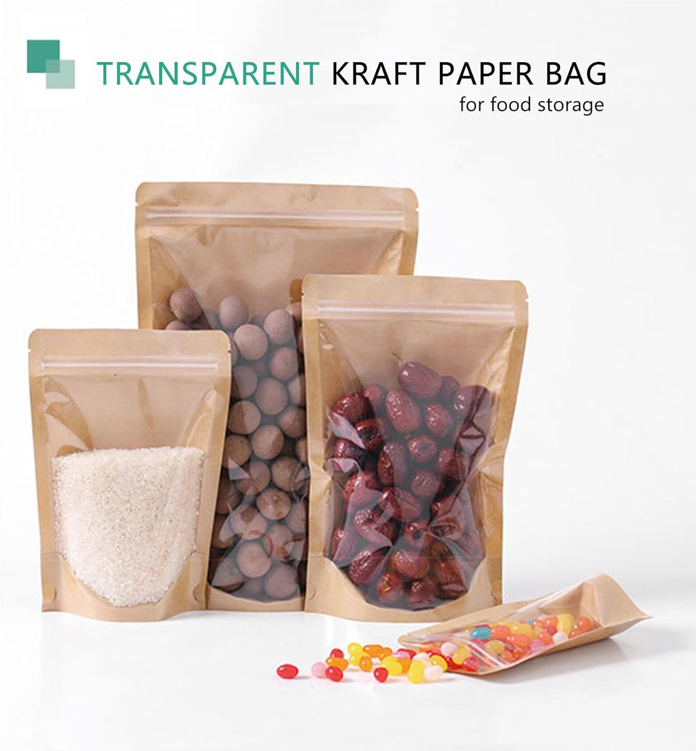 50pcs Kraft Bags With Window Clear Fornt Pouches Resealable Stand Up Zip Lock Food Storage Bags Brown 8"x12"