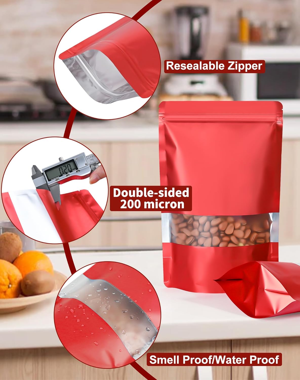 FireKylin 100 Pack Smell Proof Bags, Resealable Bags with Matte Window, Foil Pouch Stand Up Sealable Bags for Packaging（Red,3.5" x 5.1"）
