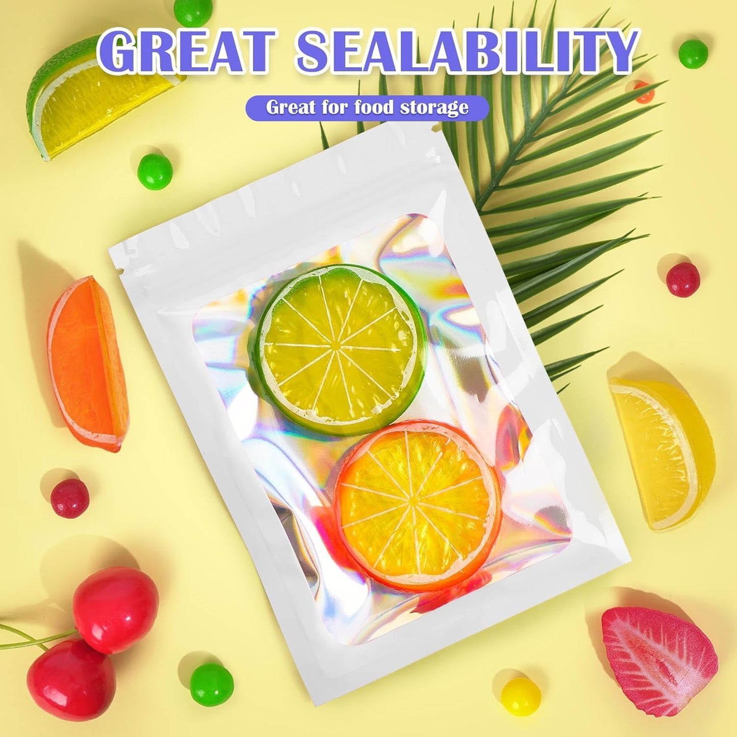 300 Pcs Mylar Bags, Smell Proof Bags Foil Pouch, Holographic Resealable Bags for Small Business, Candy Sample Jewelry Bag Sealable Packaging for Party Favor Food Storage (5.5x7.9in-White)
