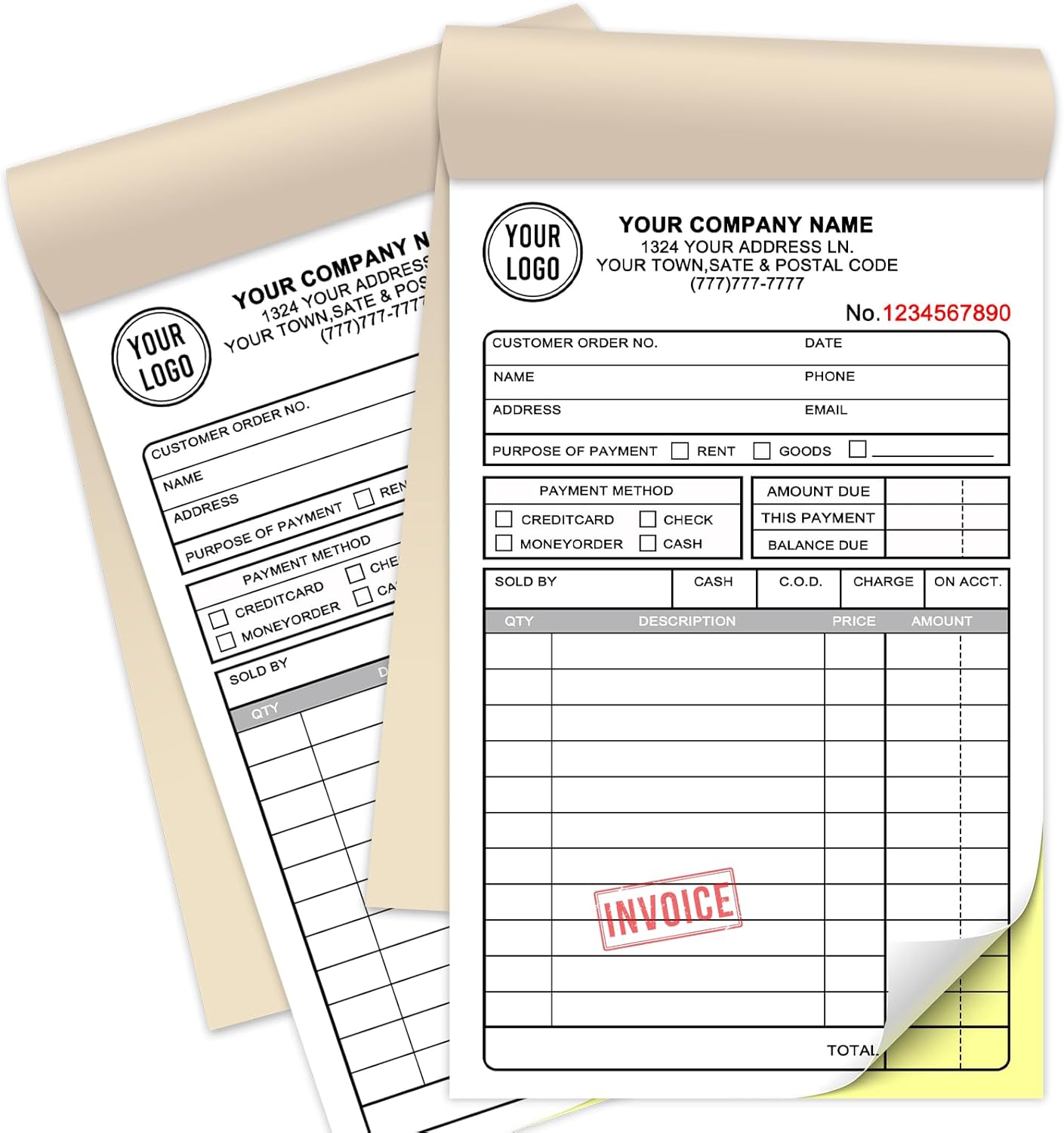 Custom Sales Invoice Personalized Carbonless NCR Forms with Company Name/Logo Personalized Invoice, Receipt Book, Work Sales Purchase Orders, Estimates, Quote Forms 4.25" x 7" - 2 Part(100 Sets)
