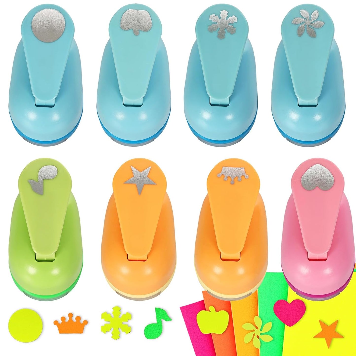 Craft Punches 8 Pack with 6 Sticker Paper, 1inch Hole Punch Shapes Medium Paper Punch Shapes, Heart, Snowflake, Musical Note, Five-Pointed Star, Circle, Crown, Wave, Apple for DIY Scrapbooking