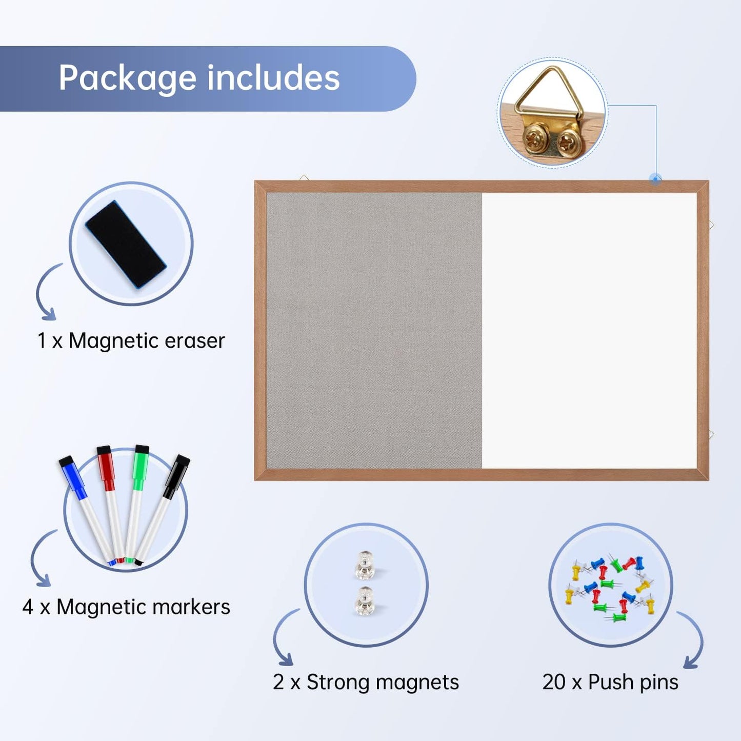 Grey Felt Bulletin/Dry Erase White Combo Board, 36" X 24“ Combination Whiteboard/Bulletin Board, Pin Board with Natural Wood Frame…