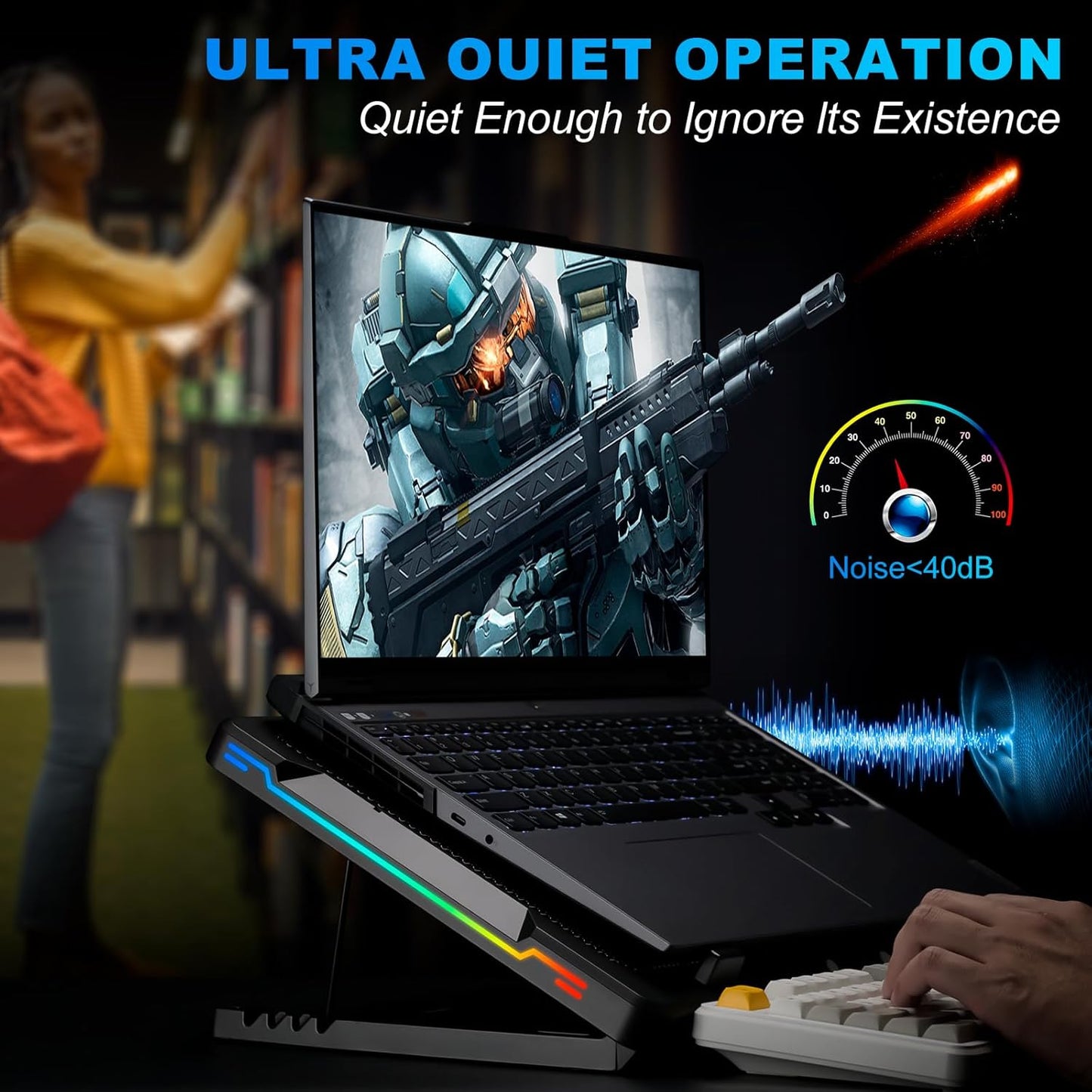 G-STORY Gaming Laptop Cooling Pad with Movable Fan and Automatic Speed Adjustable by Temperature,Music Sync RGB Light,Low Noise Laptop Cooler 3 Speed 1500/1750/2000RPM(140MM) Stand 12–18" Notebook
