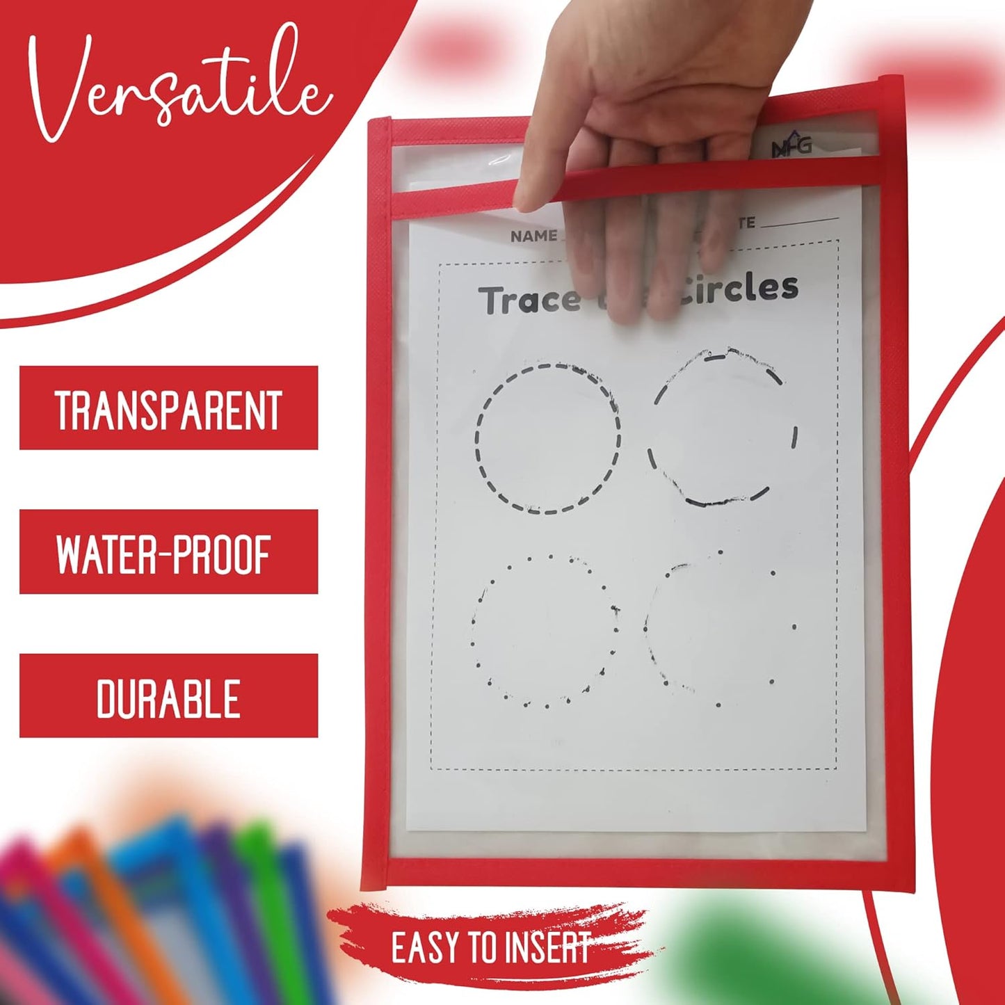 12 Packs Oversized Dry Erase Pockets Sleeves - 10 Assorted Colors with Binder Ring - Dry Erase Sheets Reusable - 10x14 Ticket Holders - Clear Plastic Sheet Protectors for Classroom Teacher Supplies