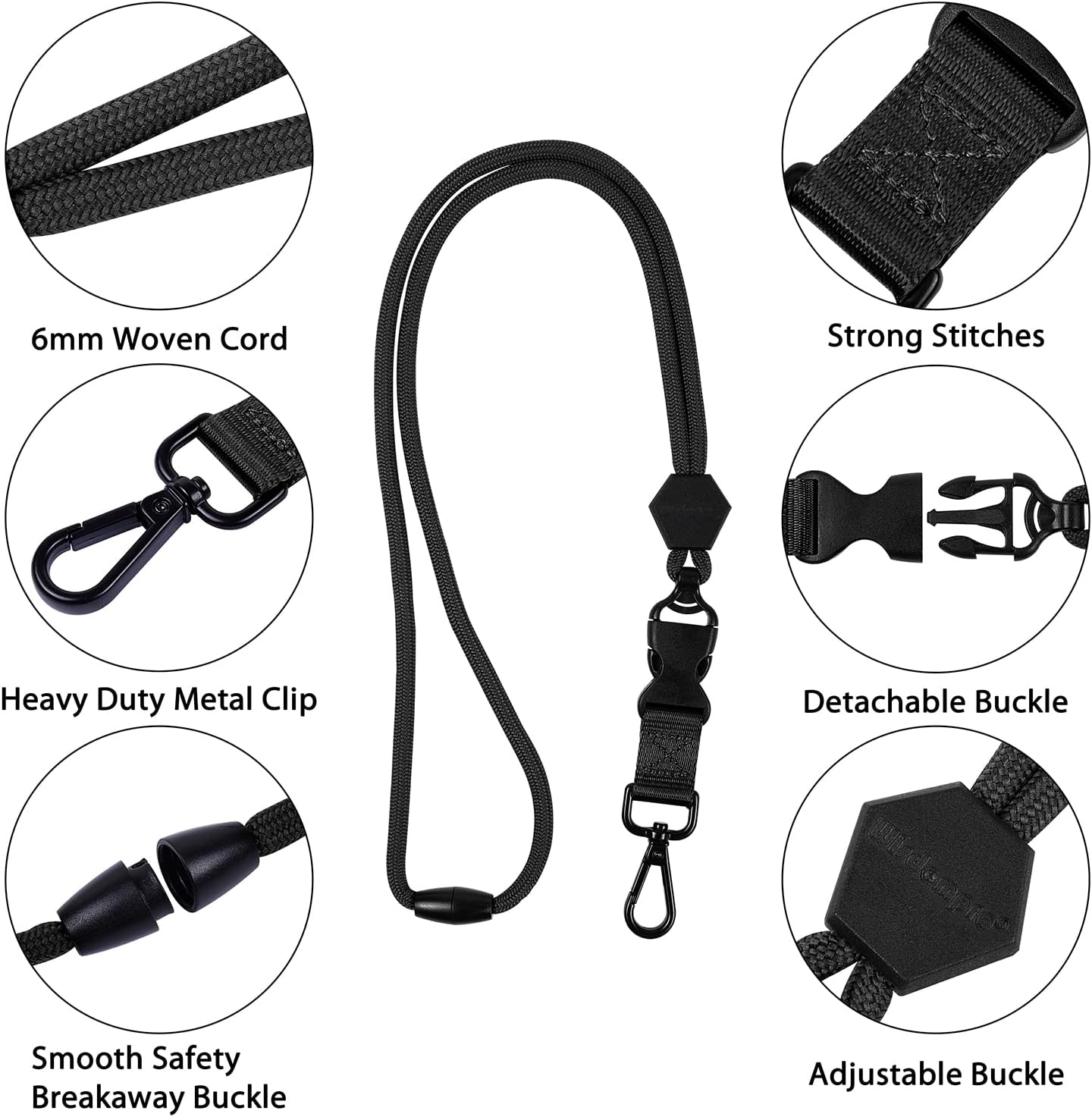 Wisdompro 2 Pack of 23 inch Durable Round Cord Heavy Duty Lanyard with Safety Breakaway Buckle, Detachable Buckle and Metal Hook for ID Card Badge Holder and Keys - Black and Blue