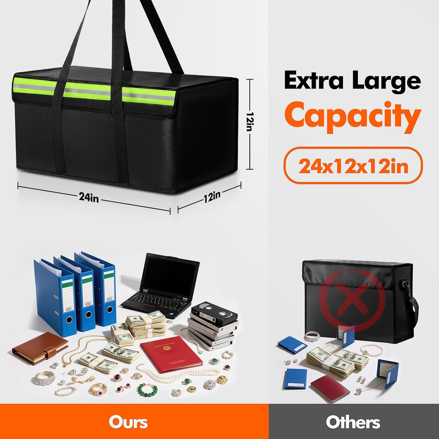 Large Fireproof Document Bags 24x12x12in, Fireproof Document Box for Cash, Photo Albums, Valuables, Extra Large Fireproof Bag Waterproof Document Storage with Reflective Strip, Black