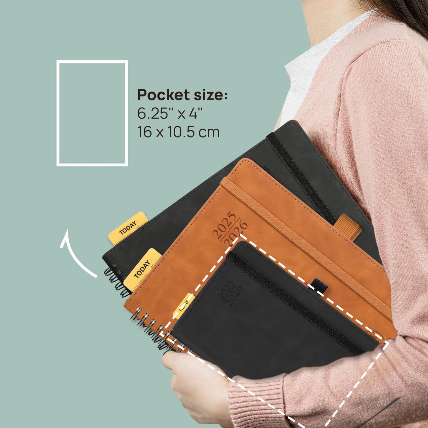 POPRUN Planner 2025-2026 Weekly Notebook (Pocket Size 4''x 6.25''), Small Academic Calendar for Purse with Spiral Soft Cover, Plastic Ruler, Inner Pocket, 100 GSM - Brown