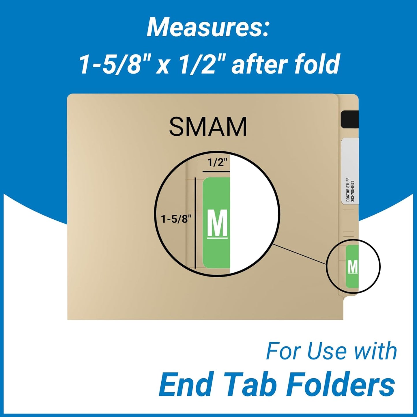 Doctor Stuff - File Folder Labels, Alphabet Letter M, Compatible with Smead Alpha Z Acc/ACCS - SMSM Series Alpha Stickers Light Green, 1-5/8" x 1”, 250/Roll