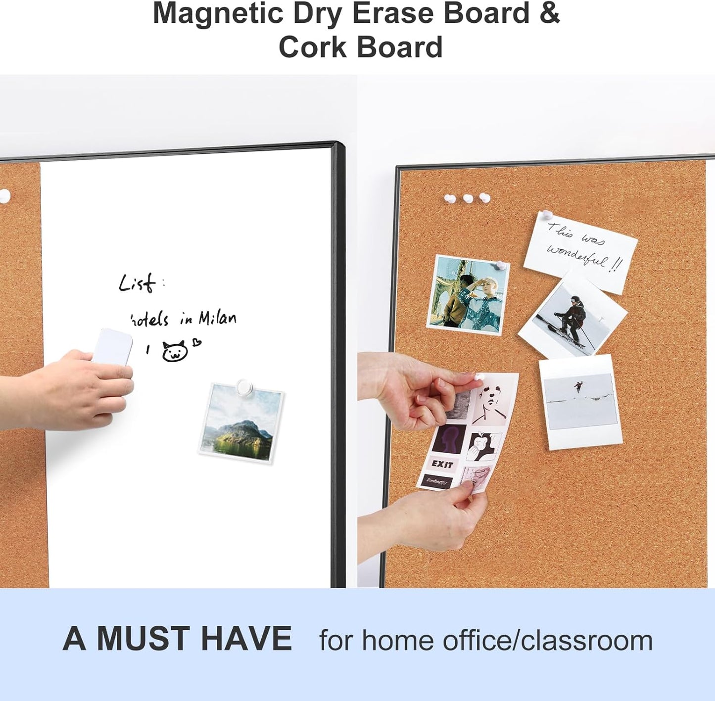 ARCOBIS Cork Board White Board Combo, 36 x 24 Inch Bulletin Board, Magnetic Dry Erase Board & Corkboard for Wall, Vision Board for Home, Office, School, Black Frame