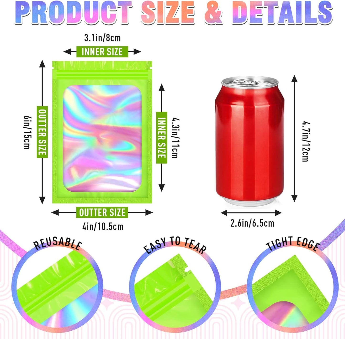 Smell Proof Bag, 100 PCS Holographic Bags, Packaging Bags, Food Packaging Bag(4x6 Inch)