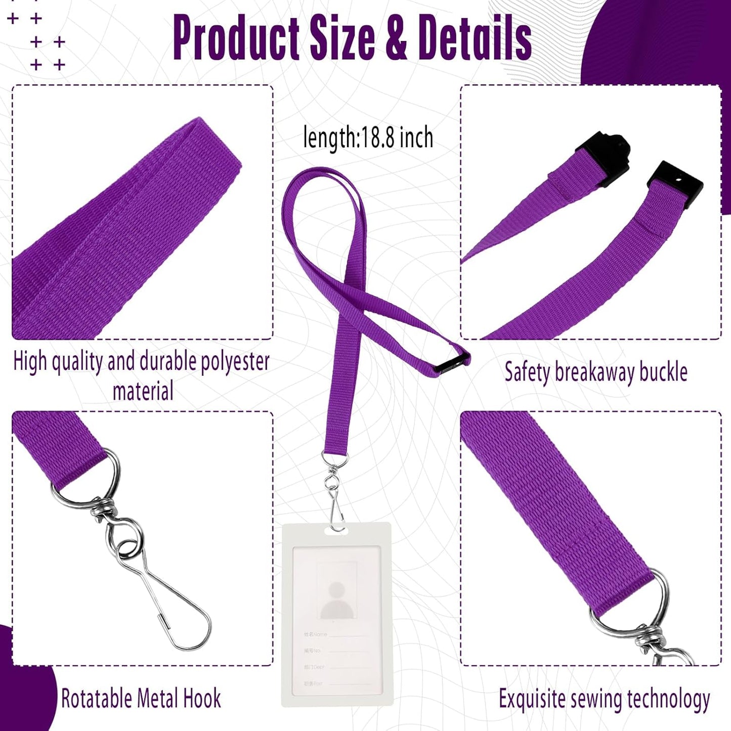 Patelai 60 Pcs Breakaway Lanyards with J Hook Bulk Flat for ID Badges Neck Badge Lanyards Card Nametag Holder Neck Straps (Purple)
