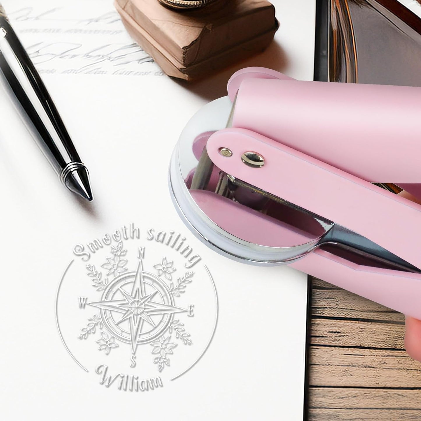 from The Library of Embossers & Stamps Nautical Theme Custom Color Self-Inking Stamp with Your Design Ship Rudder Great for Personalizing Books
