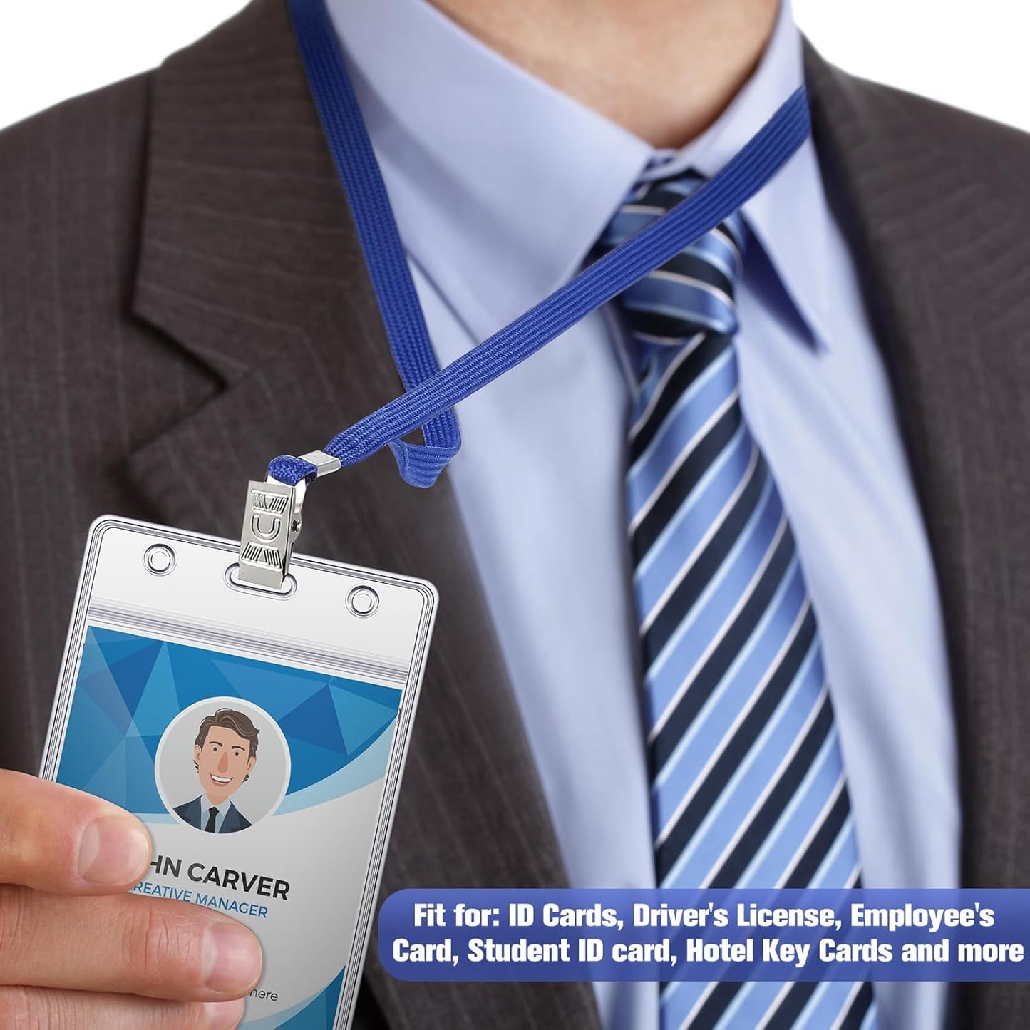 Marspark 100 Pcs Name Tag Lanyards with ID Holder Lanyards for ID Badges Resealable Flat Neck Name Tag with Clip Waterproof Plastic Clear Badges Bulk for School Office Supplies (Blue)