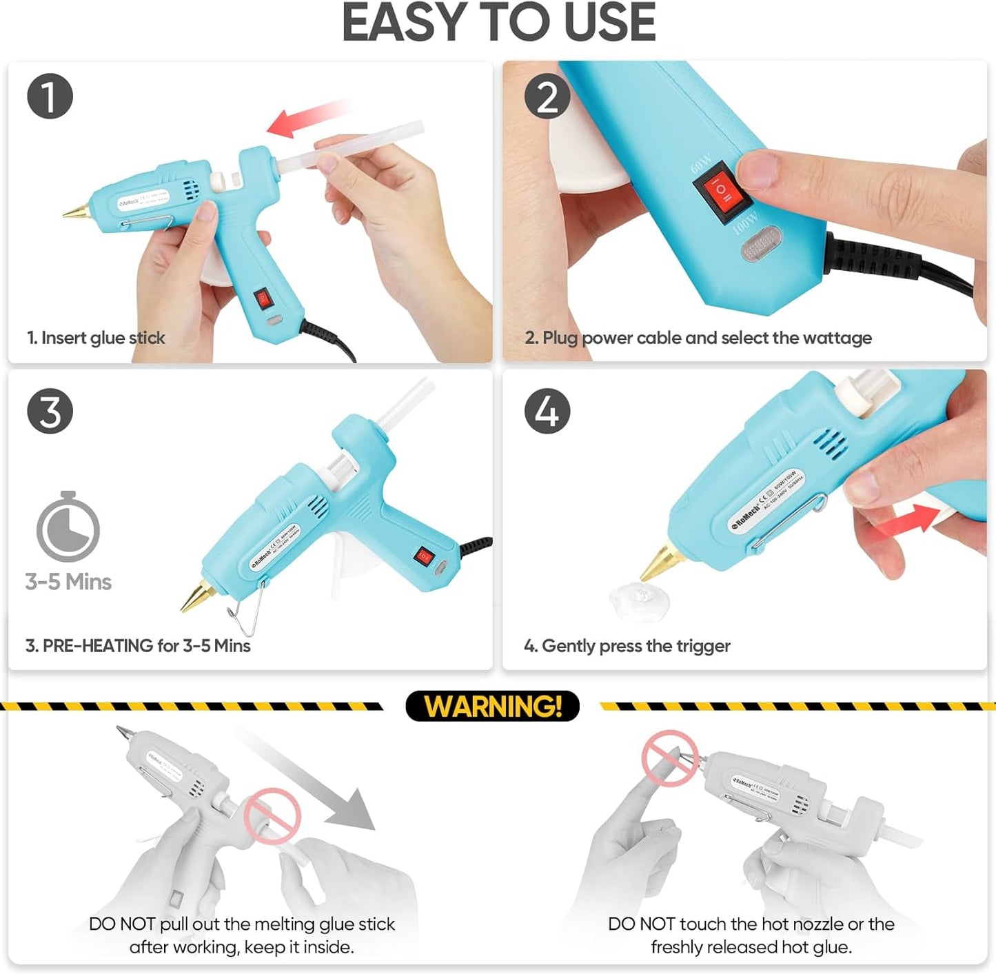 ROMECH Full Size Hot Glue Gun with 60/100W Dual Power and 21 Hot Glue Sticks (7/16"), Fast Preheating Heavy Duty Industrial Gluegun with Storage Case for Crafting, DIY and Repairs (Cyan)