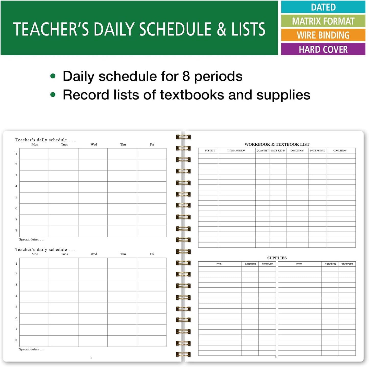 Elan Publishing Company HARDCOVER 7 Period Dated Teacher Lesson Plan; Days Horizontally Across The Top Dated for 2025-2026 Academic Year with Bonus Clip-in Bookmark (Teal Floral)