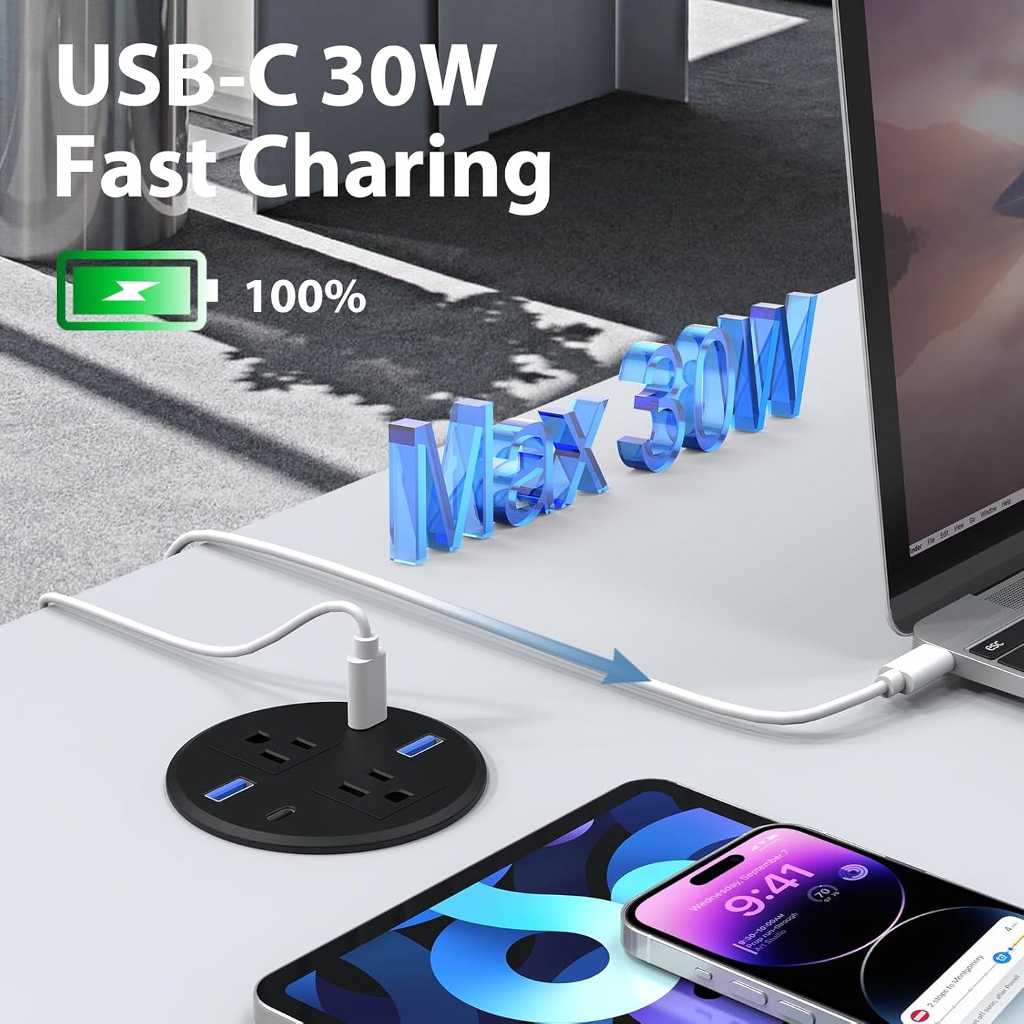 Recessed Power Grommet with AC Outlets, 3inch Desktop Power Grommet Outlet,30W PD Fast Charge for Deskt - Flush-Mount Recessed Power Strip,Home and Workspace Essential Desk Outlet