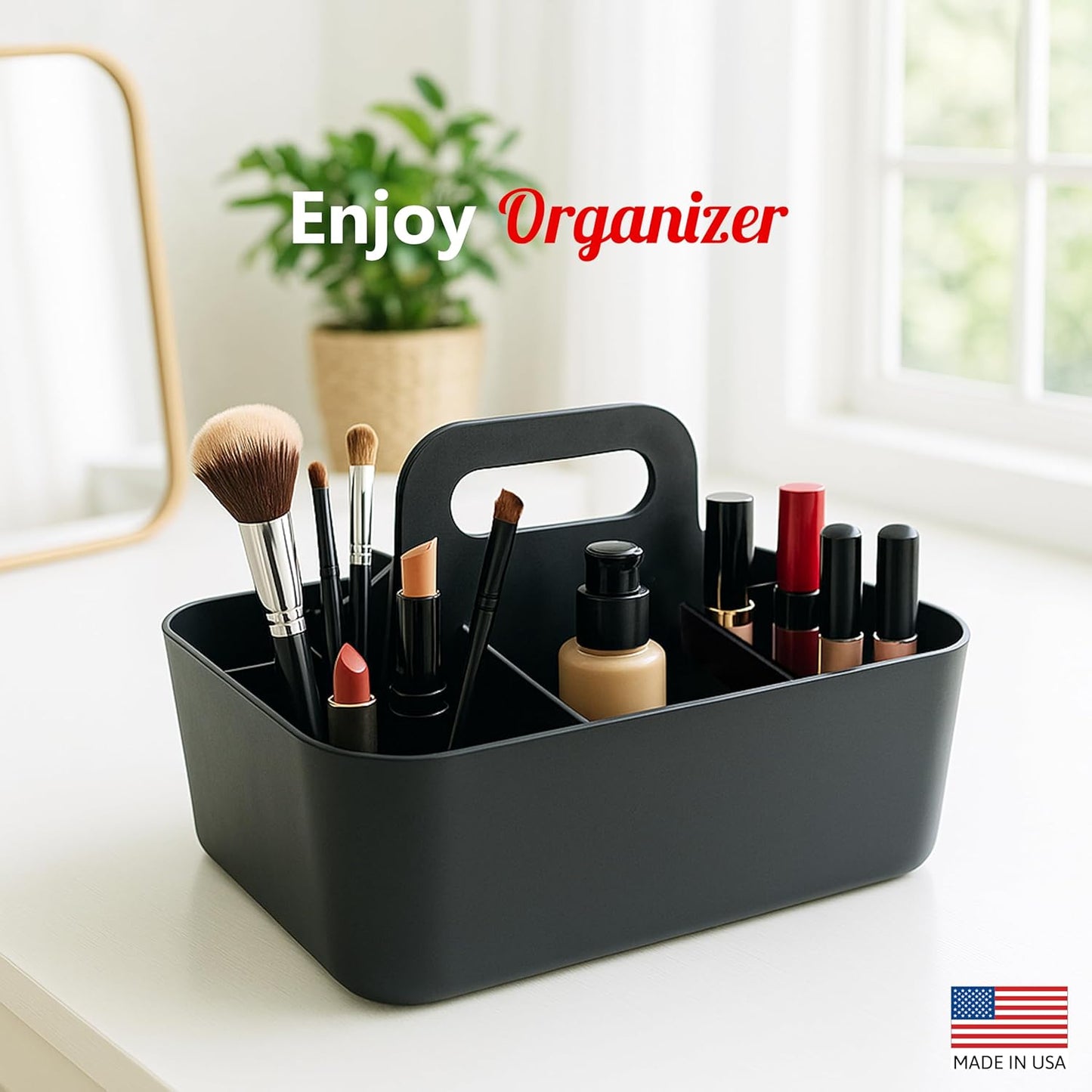2 Pack Small 6 Compartment Multiuse Caddy Organizer with Handle Art Craft Supplies, Office, Desk, Stationery Pen Holder Stackable- Made In USA (Black)