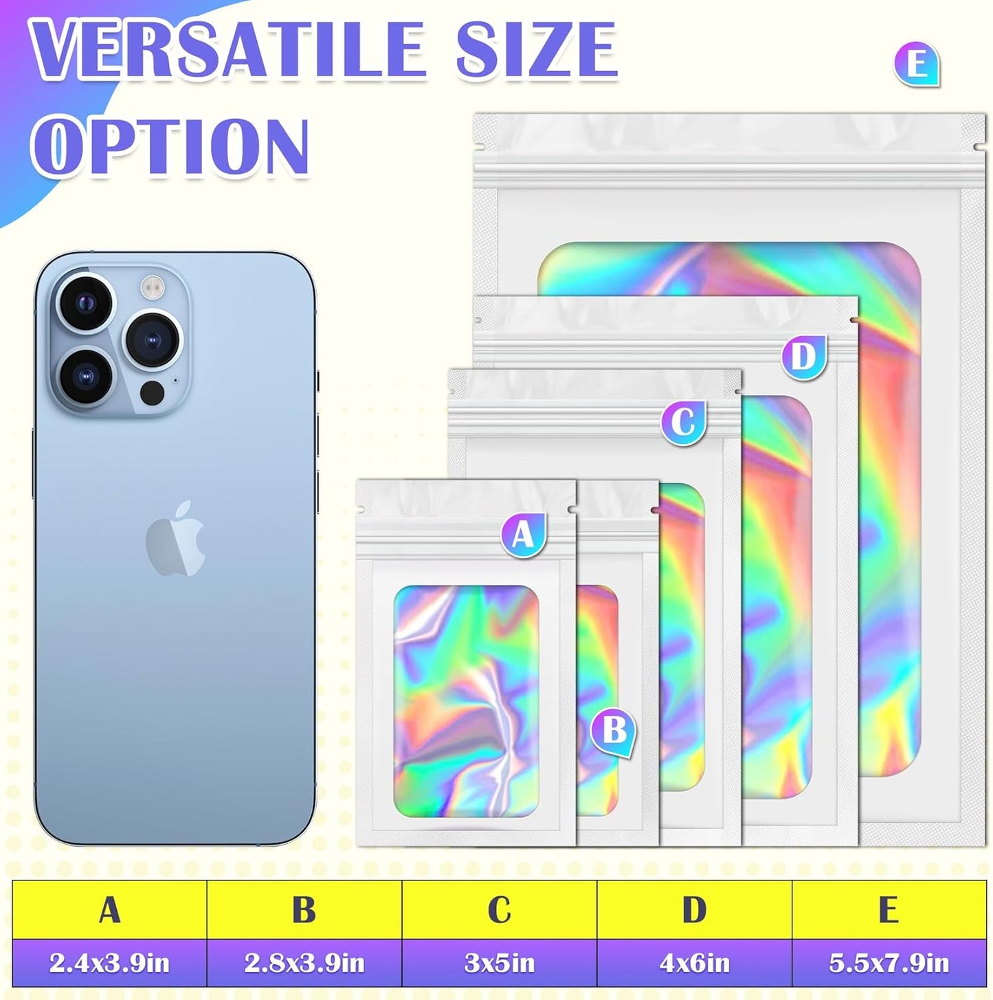Mylar Bags, 100 PCS Holographic Bags, White Smell Proof Bag with Front Window, Small Business Packaging Supplies, Resealable Bag for Food Storage, Bracelets, Jewelry, Sample （4x6in）