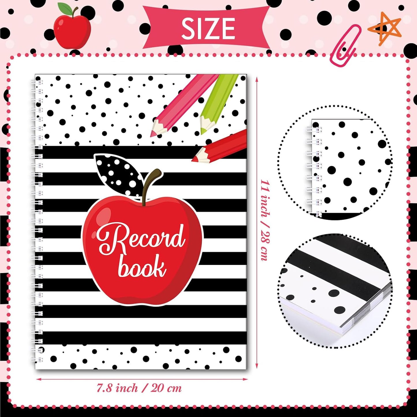 Teacher Record Book Teacher Grade Book Spiral Bound Record Class Gradebook Office Favors Gift for Classroom Attendance Supplies Decoration Double Sided Color Printing (Apple)