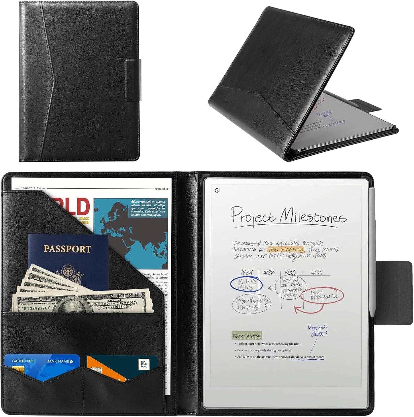CoBak Premium PU Leather Case for Remarkable Paper Pro 11.8" (2024) – Slim Magnetic Back Cover with Auto Sleep/Wake, Folder Design, Magnetic Pen Holder Strap, Black Leather
