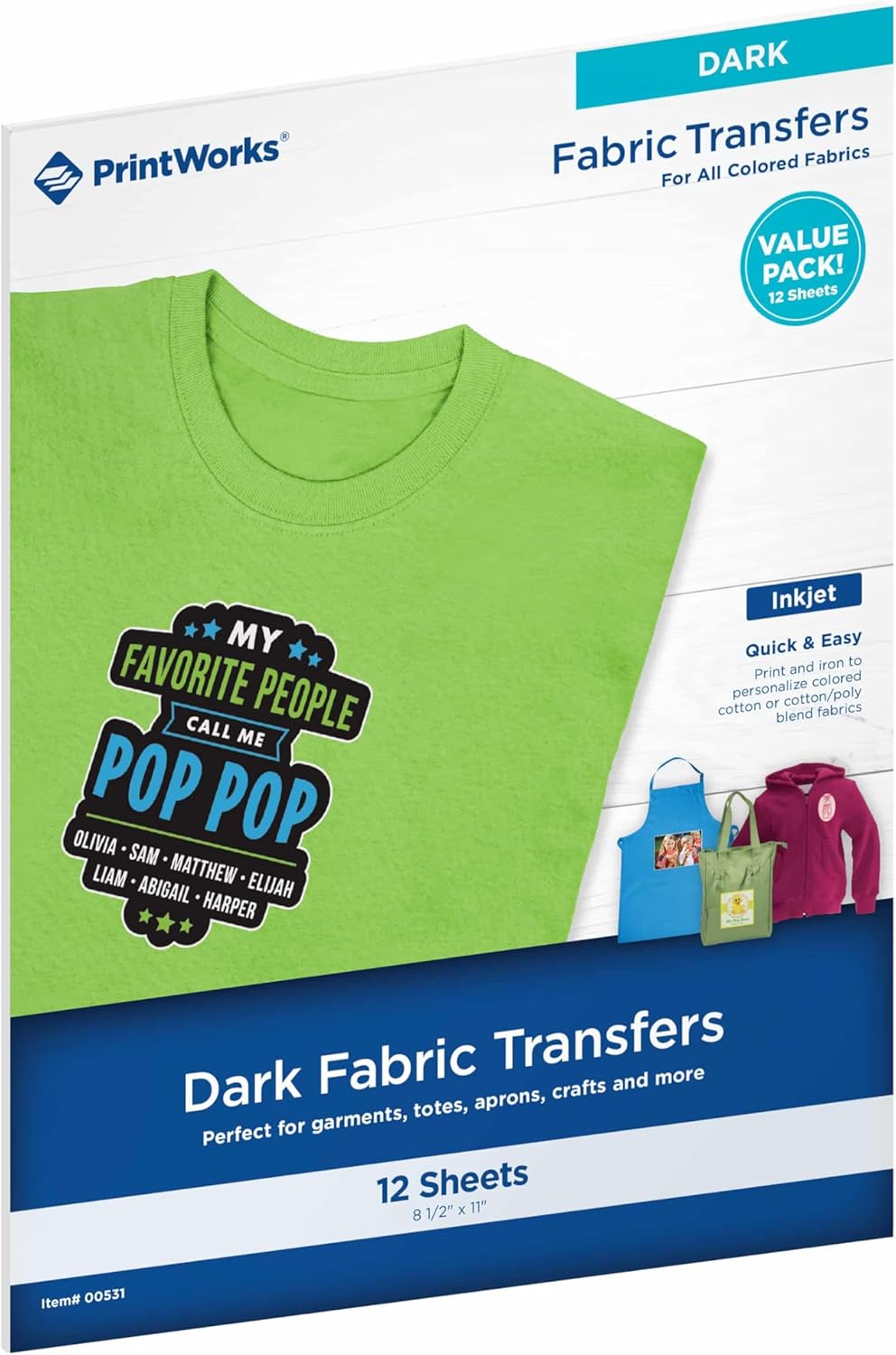 PrintWorks Printable Iron on Heat Transfer Paper for Dark Fabrics & T-Shirts, 8.5” x 11”, 12 Sheets, Easily DIY, Made in the USA