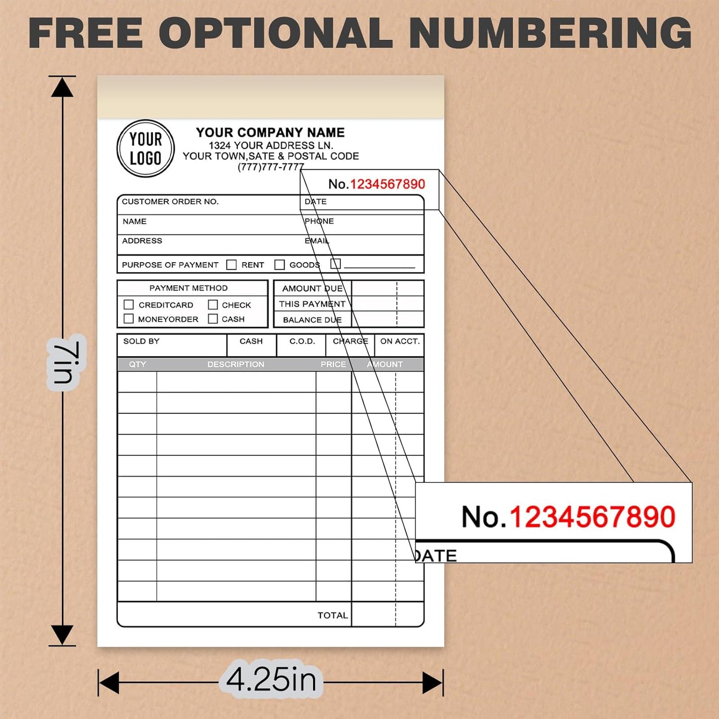 Custom 4.25" x 7" Invoices Receipts Carbonless Books in 3-Part Duplicate Personalized Company Address Name Phone Number 50 Sets