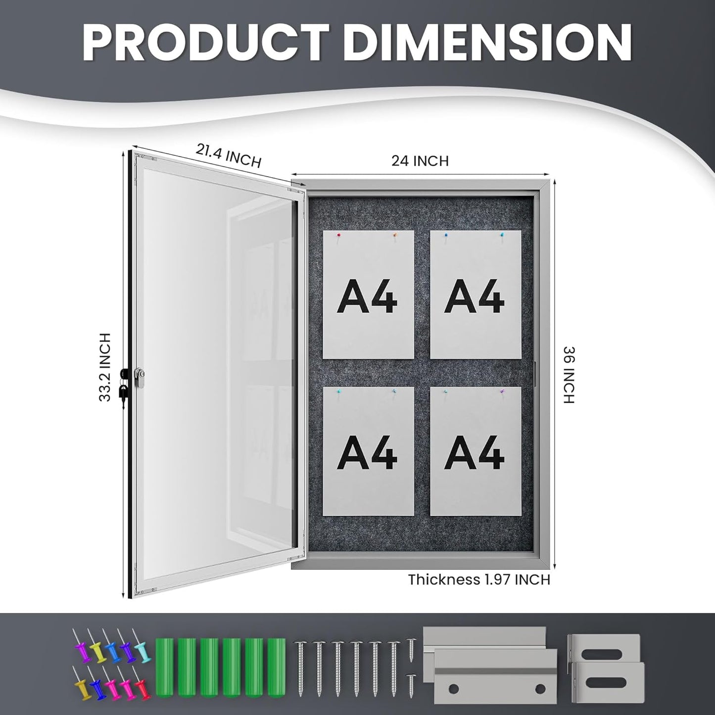 36"x24" Lockable Enclosed Bulletin Board, Outdoor Flet Weather-Resistant Aluminum Frame Notice Board, Wall Mounted Display Case Acrylic Doors for School,Office,Silver Frame w/Grey Flet