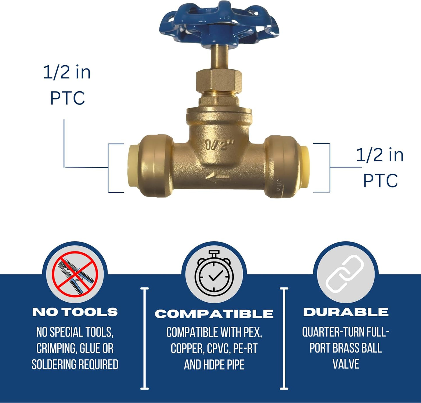1/2 inch Push Fit Stop Valve with Drain and Vent, Push to Connect Brass Plumbing Fitting, Pex Pipe, Copper, CPVC, PE-RT, HDPE, 2-5-1=1, 1 Piece