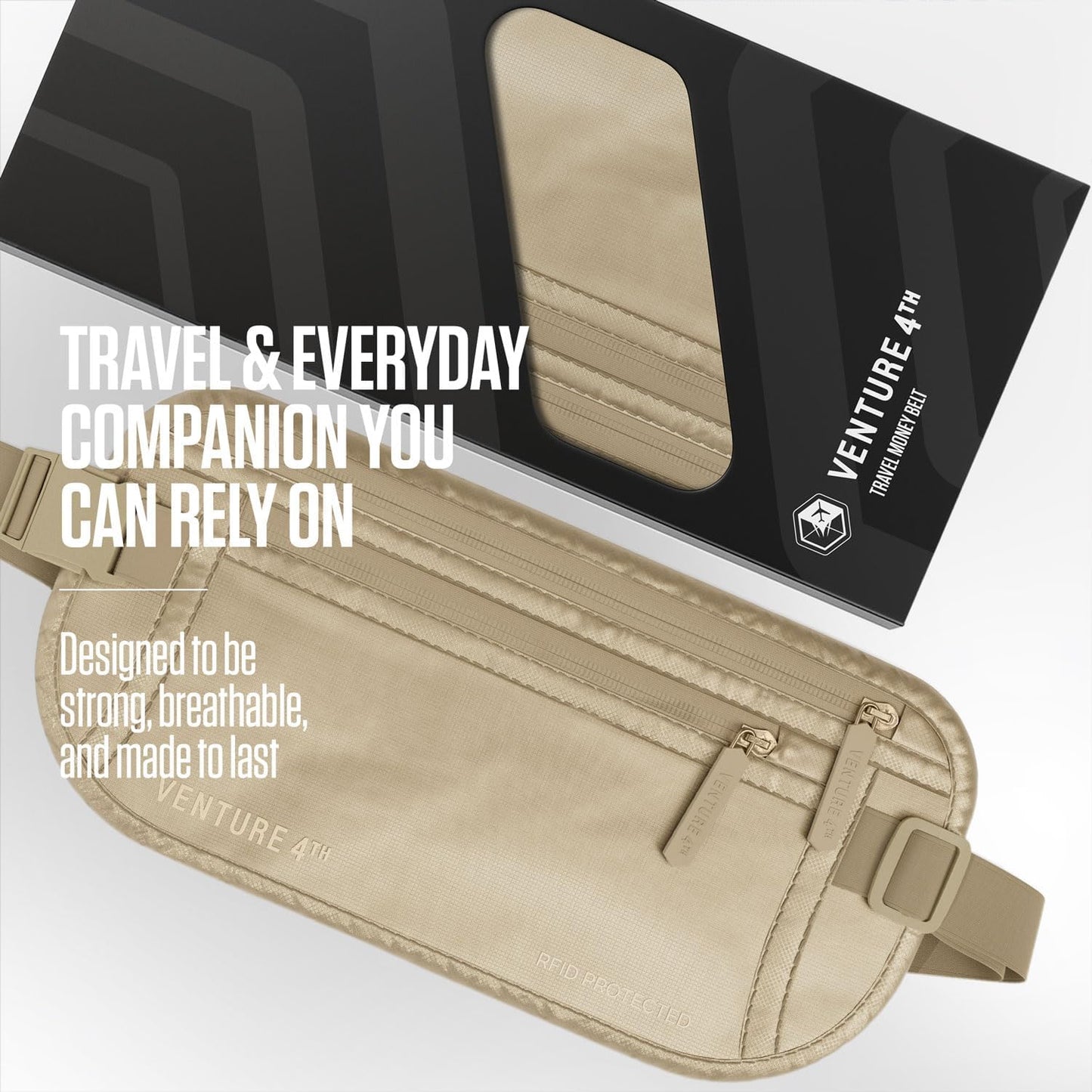 Travel Money Belt, RFID Blocking for Men & Women - Ideal for Keeping Your Cash, Credit Card, Passport, Phone Safe When Traveling (Sleek Beige)