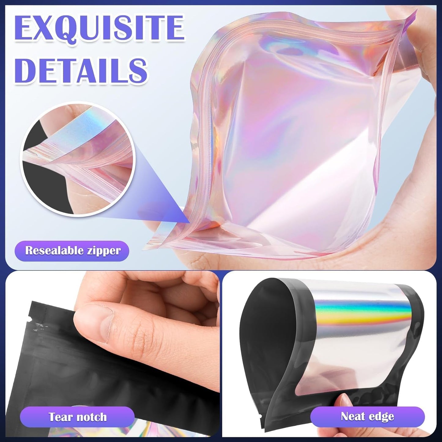 300 Pcs Mylar Bags, Smell Proof Bags Foil Pouch, Holographic Resealable Bags for Small Business, Candy Sample Jewelry Bag Sealable Packaging for Party Favor Food Storage (2.4x3.9in-Black)