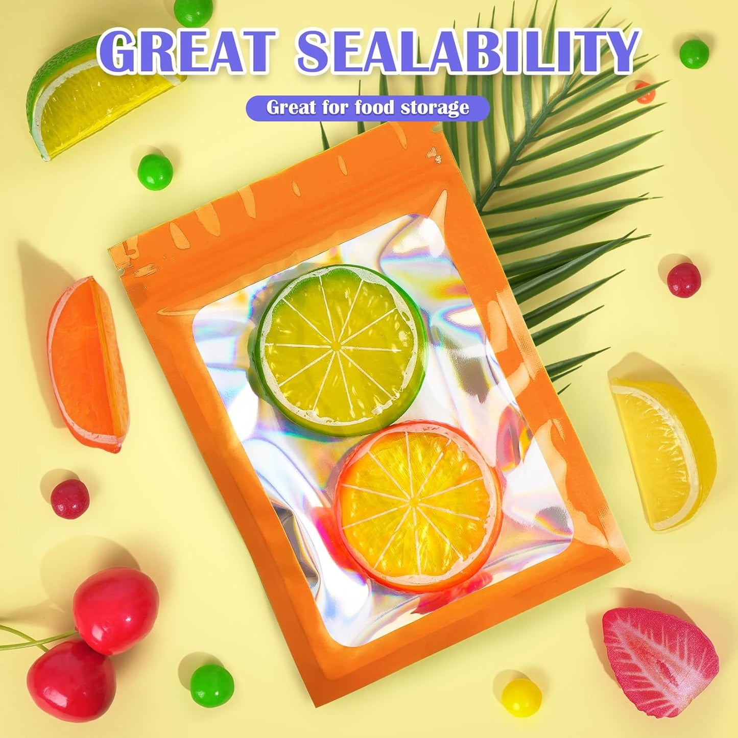 300 Pcs Mylar Bags, Smell Proof Bags Foil Pouch, Holographic Resealable Bags for Small Business, Candy Sample Jewelry Bag Sealable Packaging for Party Favor Food Storage (2.4x3.9in-Orange)