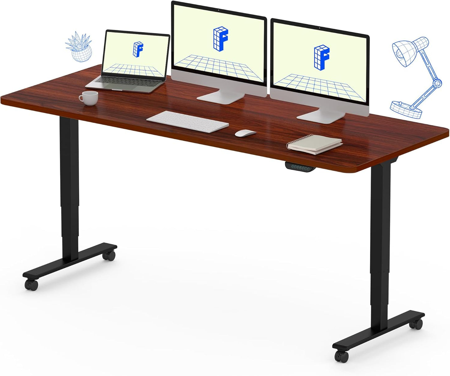 FLEXISPOT E6 MAX Dual Motor 3 Stages Standing Desk 60x24 Inch Whole-Piece Board Electric Height Adjustable Stand Up Desk 150KG Load Capacity(Black Frame + Mahogany Desktop)
