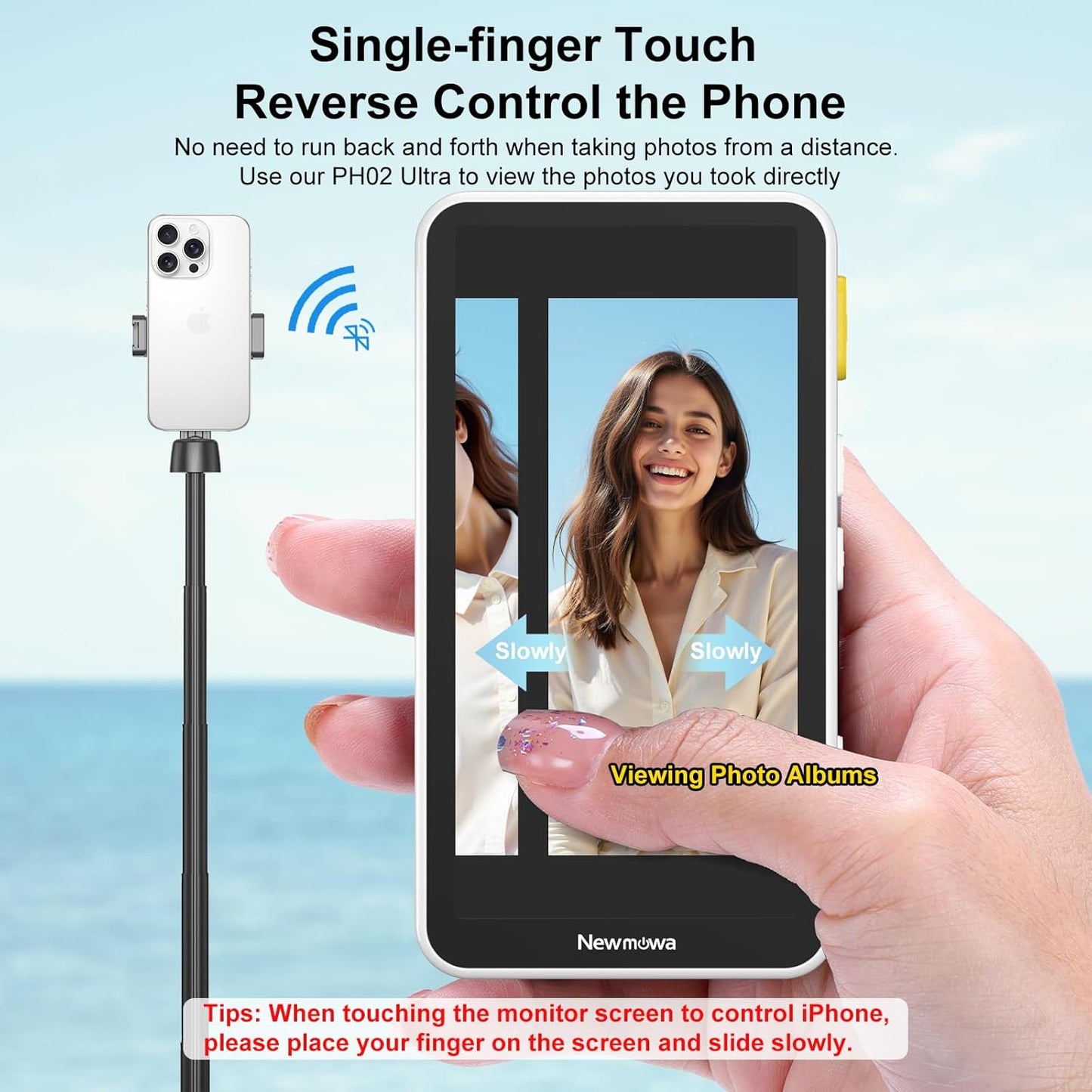 Newmowa Touchscreen Phone Vlog Selfie Monitor Screen, Magnetic Wireless Back Camera Selfie Monitor with Focus Adjustment ONLY for iPhone, Support 4K 30fps Wireless Recording for iPhone 15/16(White)