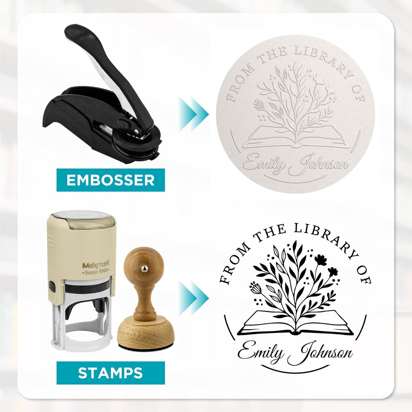 Custom Library Embosser - Style 108 - Embosser, Wood Stamp or Self Inking Stamp - Book Embosser Includes 50 Gold Seals - Custom Stamp Seal from The Library of