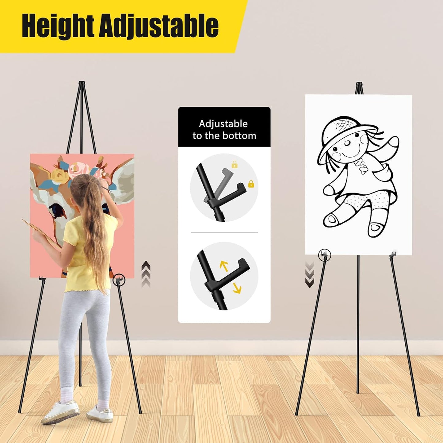 Display Black Easel Stand for Wedding Sign, Artist Instant Tripod Collapsible Portable Floor Easel for Posters, 63" Adjustable Easy Folding Metal Stand for Display Show, Arts, Painting