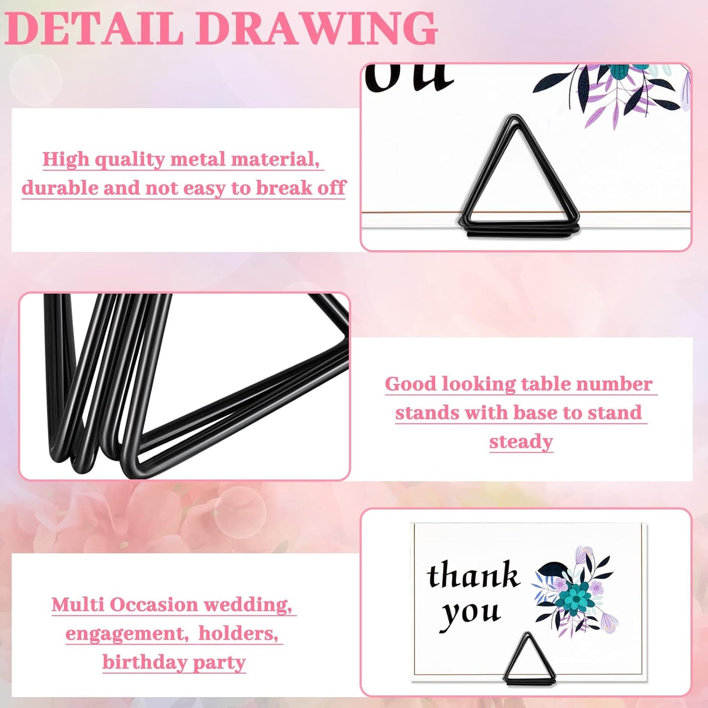 Eersida 60 Pieces Table Number Holder Place Samll Triangle Shape Name Numbers Table Photo Picture Holder Stand Clip for Wedding Baby Shower Party, Suitable for Small Card(Black)
