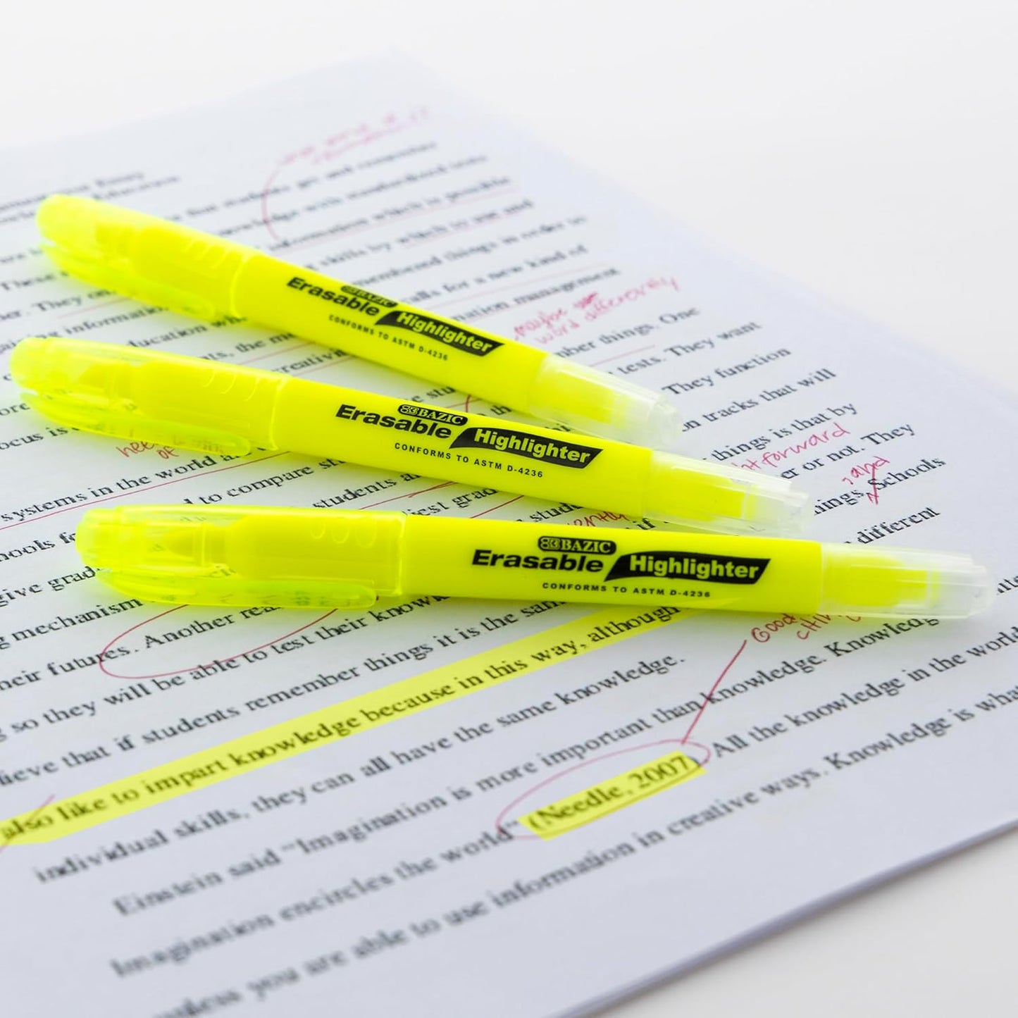 BAZIC Erasable Highlighter, Chisel Broad Line Fine Point Highlighters, Unscented Assorted Color Highlighting Coloring Erase Marker (3/Pack), 1-Pack