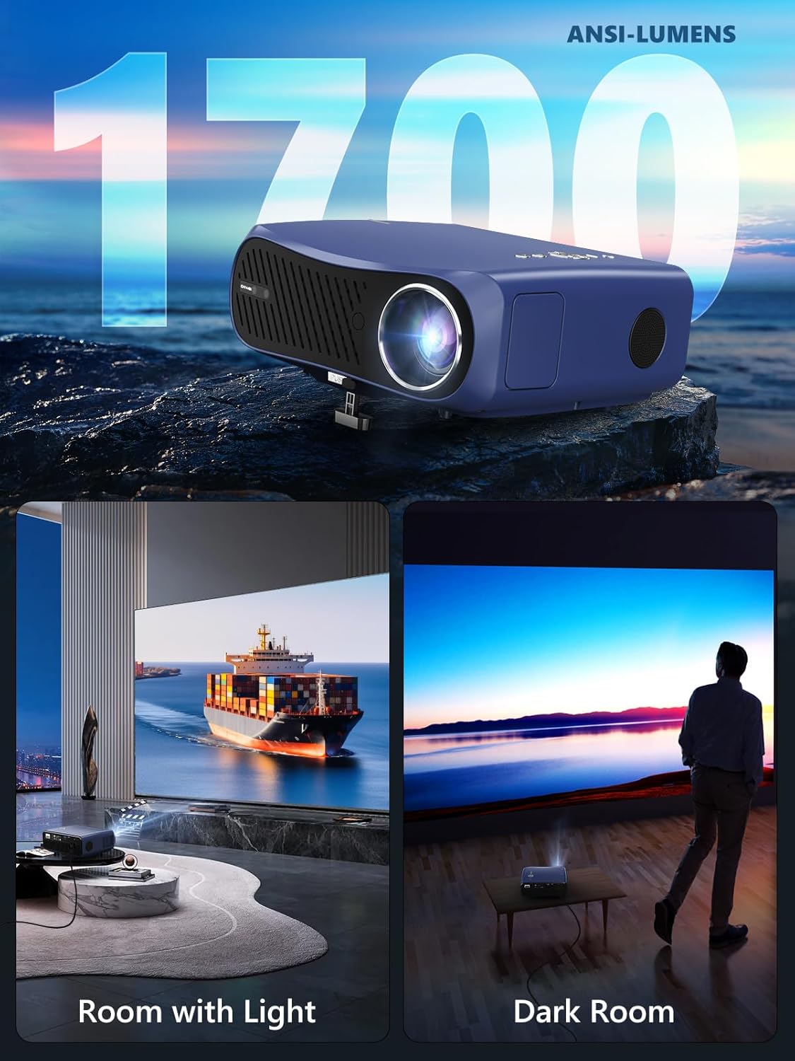 Smart LED Projector with WiFi 6 Bluetooth 5.4 Apps, 1700ANSI Daylight Movie Gaming Video Proyector with Auto Focus, Dolby Audio, Digital Zoom, 6D Auto Keystone, Voice Remote, 16:9/4:3, HDMI ARC, USB
