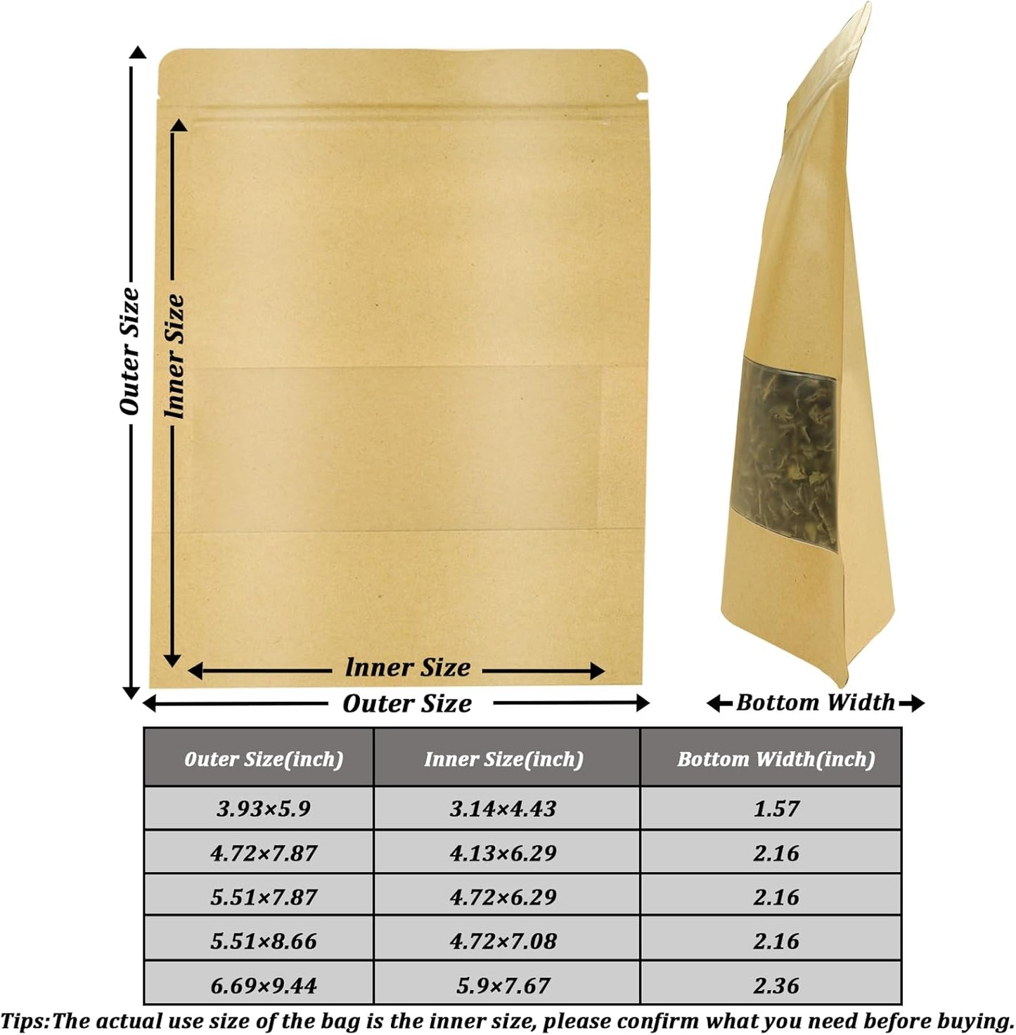 100 PCS Resealable Bags, Stand Up Kraft Paper Bags with Matte Window, Zipper Lock Food Storage Bags for Small Business and Home, 5.51 * 8.66 Inch Reusable Sealable Bags for Packaging