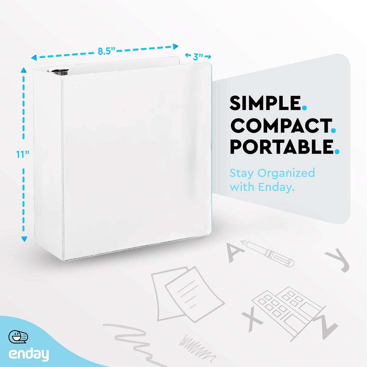 3 Inch Binder 3 Ring Binders White, Slant D-Ring 3” Clear View Cover with 2 Inside Pockets, Heavy Duty Colored School Supplies Office and Home Binders, 6 Pack – by Enday