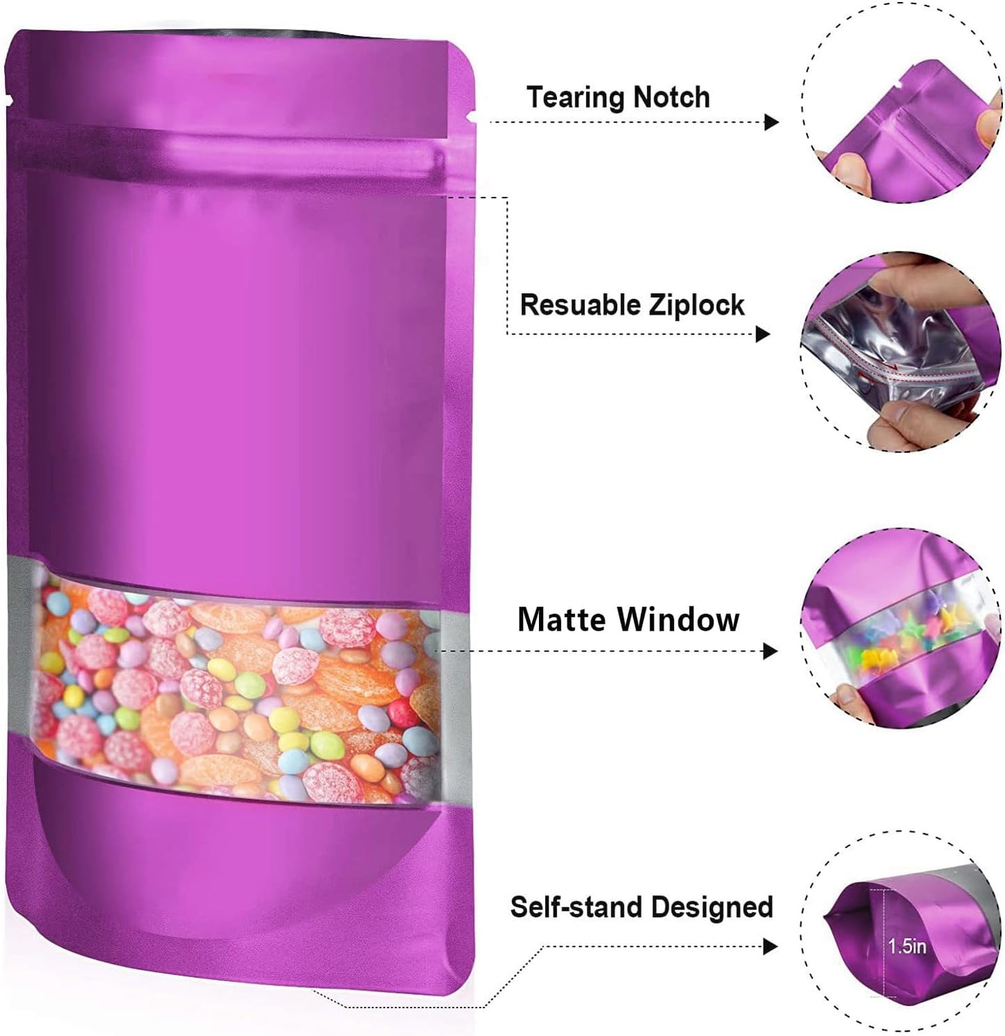 4"x6" 120pcs Mylar Bags for Food Storage,Smell Proof Bag with Matte Window Resealable Food Storage Bags for Small Business, Stand-up Foil Pouch Packaging Freeze Dried Candy Bag（Purple）