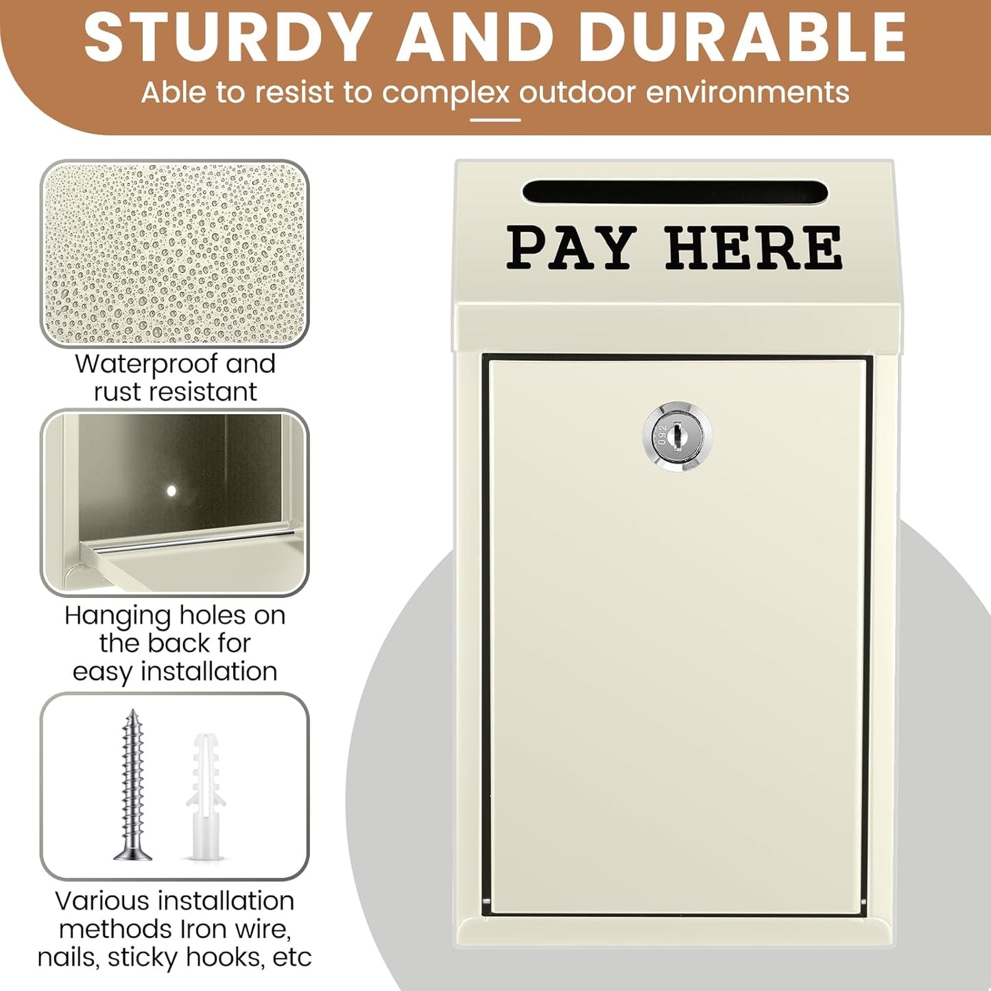 Safe Cash Box Money Collection Metal Donation Box with Lock Wall Mount Pre Drilled Mailbox Delivery Ballot for Home Office Outdoor Self Serve Stand (Beige,10.2 x 5.7 x 2.8 Inch)