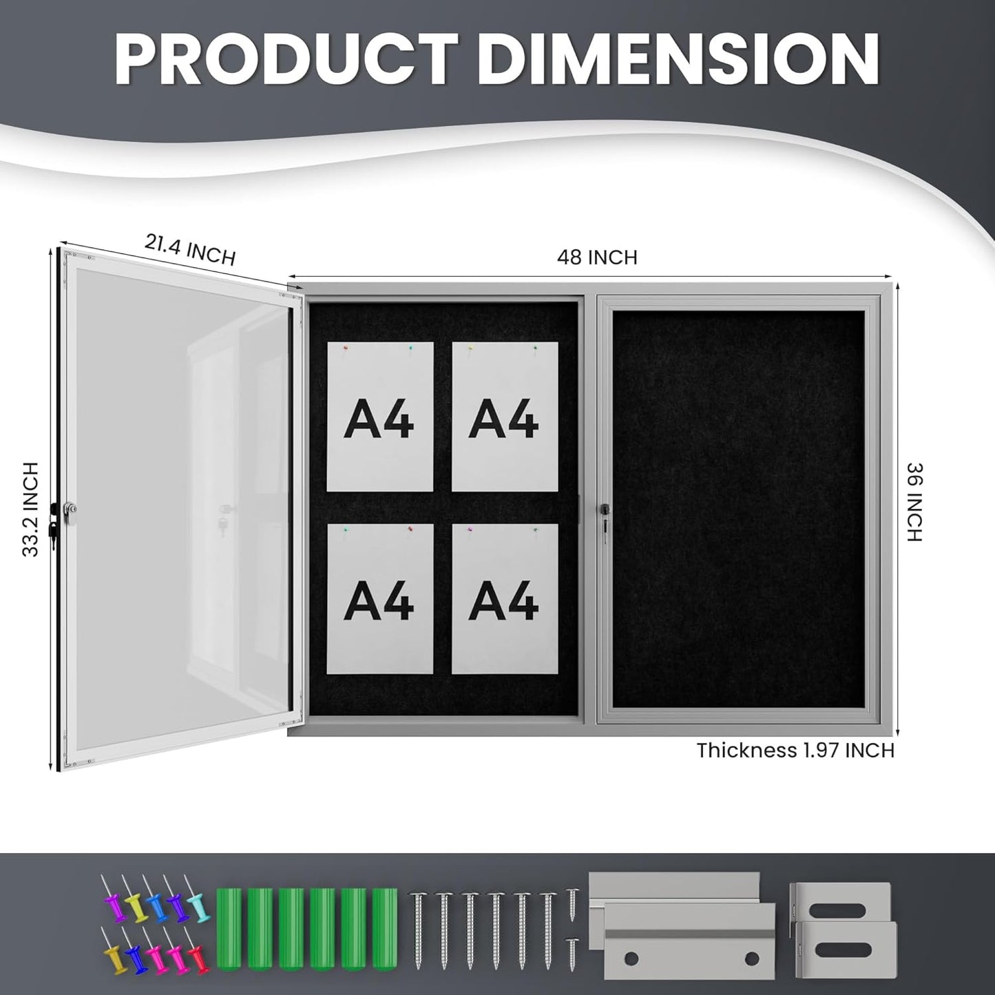 48"x36" Lockable Enclosed Bulletin Board, Outdoor Flet Weather-Resistant Aluminum Frame Notice Board, Wall Mounted Display Case Acrylic Doors for School,Office,Silver Frame w/Black Flet