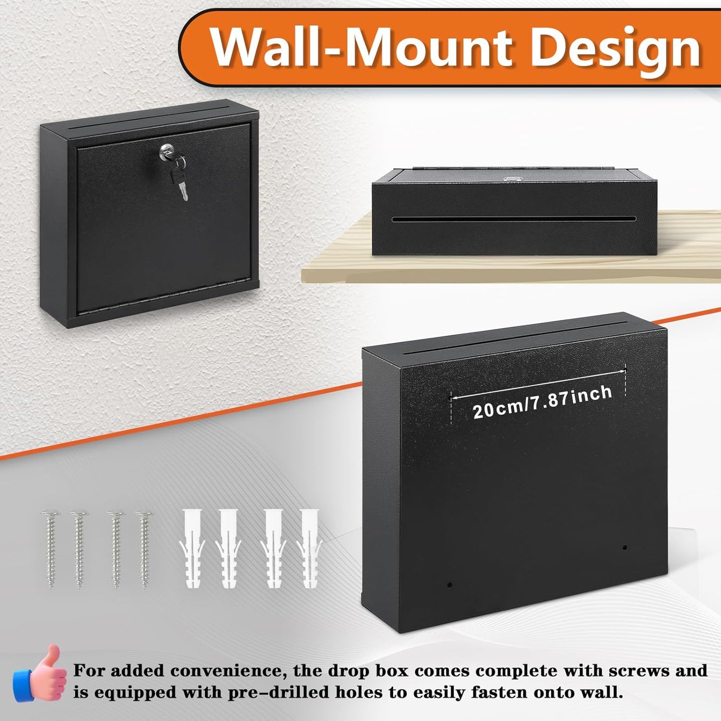 KYODOLED Suggestion Box with Lock and Slot, Wall Mounted Small Mailbox for Office, Key Drop Box with 50 Free Suggestion Cards, Safe Lock Box, Ballot Box, Donation Box, 3W x 10H x 12L Inch, Black