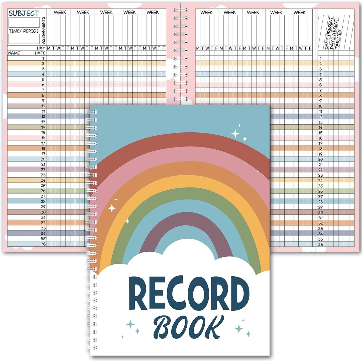 Teacher Record Book Teacher Grade Books 2025-2026 Spiral Bound Record Class Grade Book Office Favors Gift for Classroom Attendance Supplies Decoration Double Sided(Rainbow)