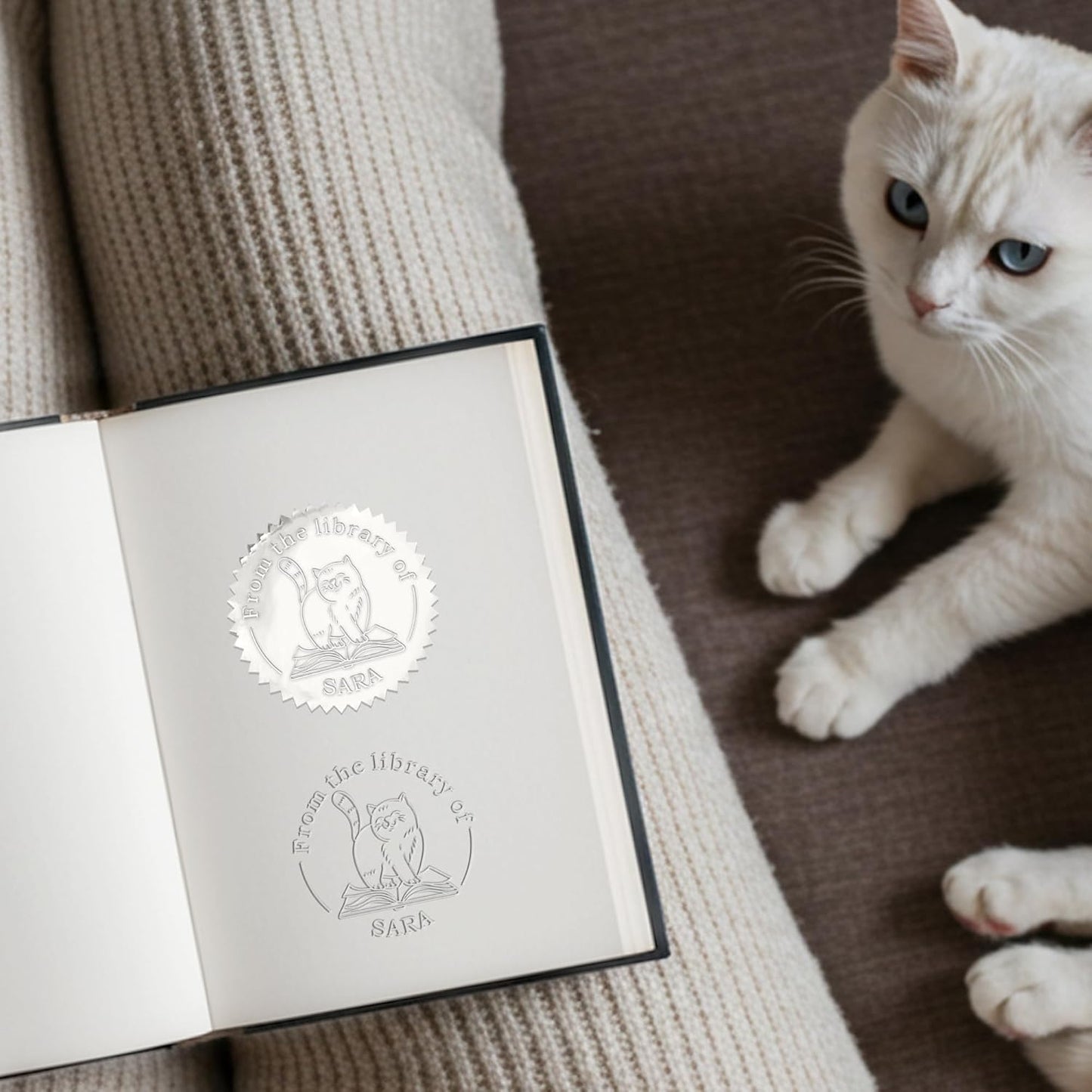 Cute Cat Book Embosser Custom Embosser Stamp with Your Name or Design Personalized Library Embosser Stamp Customized Books Business Cards Paper Documents Notebooks etc. (Cute Cat - 05)